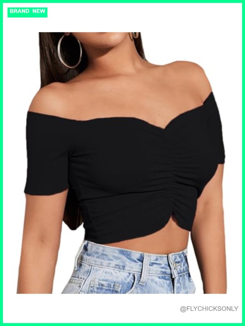 Off Shoulder Ruched Crop Top Ribbed Knit Y2K Short Sleeve